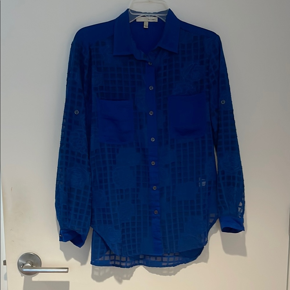 Blue Long Sleeve Notched Collar Button Down Blouse